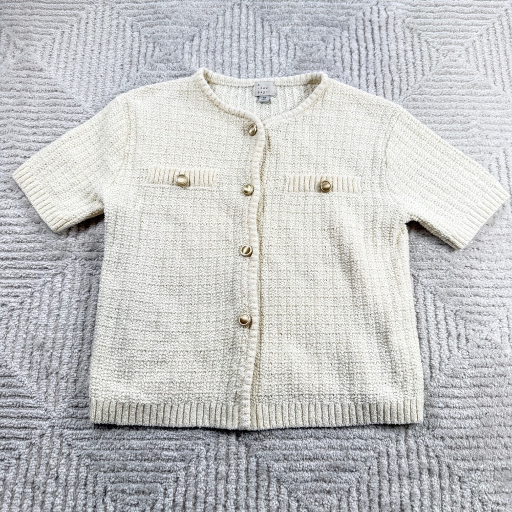 A New Day Short Sleeve Cardigan Women's XS Cream Gold Button Old Money Preppy